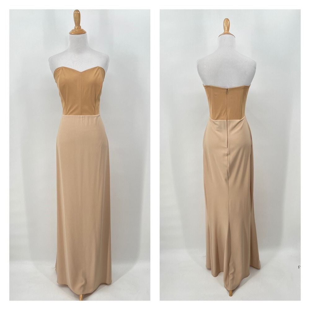 Rhea Costa Gown Women Large XL Tan Strapless Silk Mesh Formal Evening Slip Dress